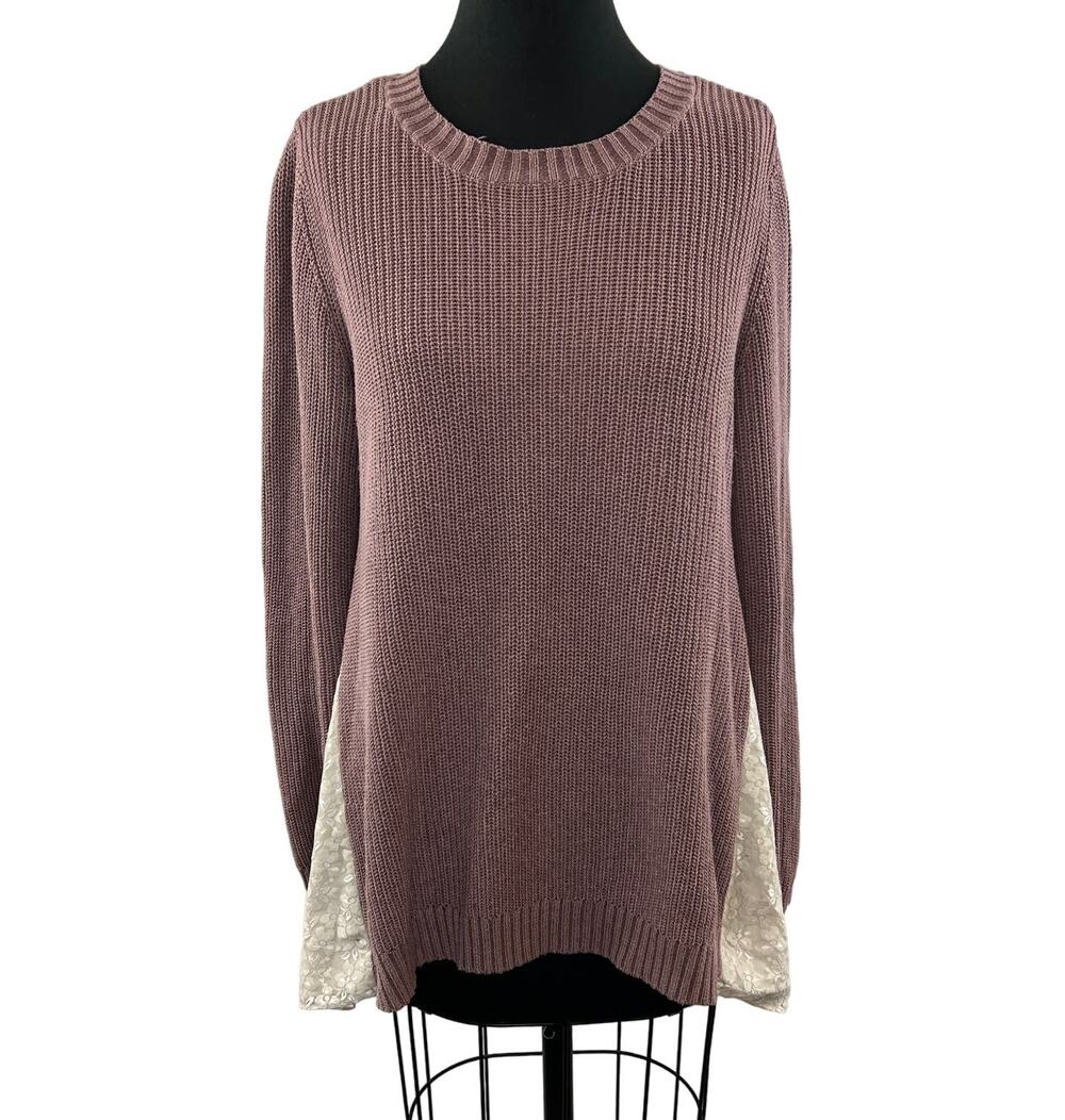LOGO Lori Goldstein Purple Cotton Blend Asymmetric Sweater w/ Lace Godets Size M